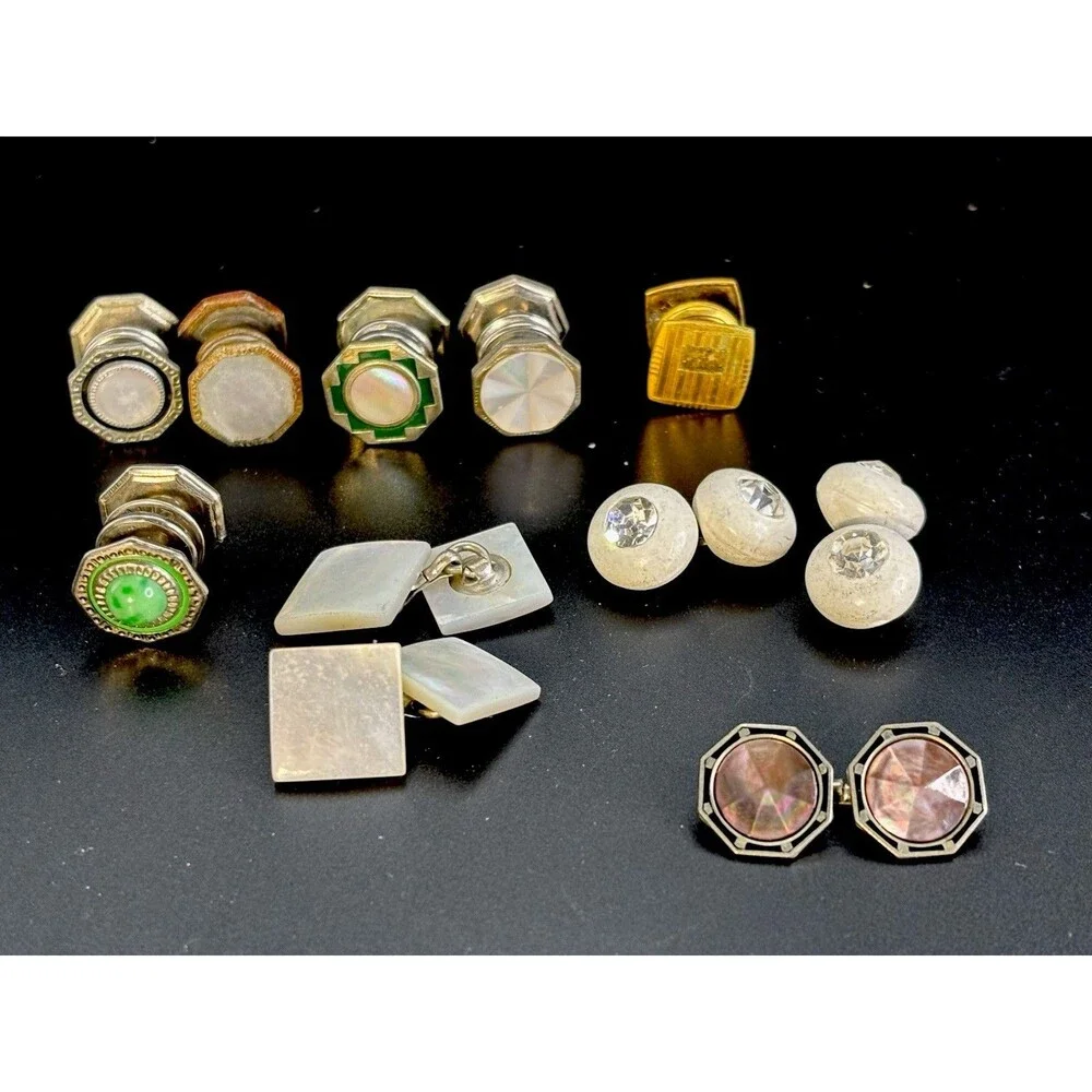 Antique Mixed Lot of Men’s Mother of Pearl & RS Cuff Links-Collar Studs-Buttons